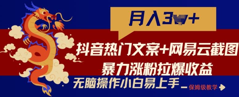抖音热门文案+网易云截图暴力涨粉拉爆收益玩法，小白无脑操作，简单易上手【揭秘】-占领资源网