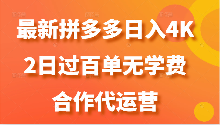 最新拼多多，日入4K+，2日过百单无学费，合作代运营-占领资源网