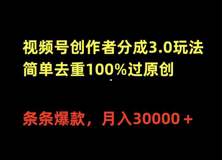 （10001期）视频号创作者分成3.0玩法，简单去重100%过原创，条条爆款，月入30000＋-占领资源网