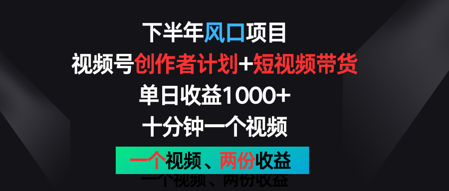 下半年风口项目，视频号创作者计划+视频带货，单日收益1000+，一个视频两份收益-占领资源网