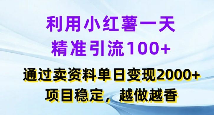 利用小红书一天精准引流100+，通过卖项目单日变现2k+，项目稳定，越做越香【揭秘】-占领资源网