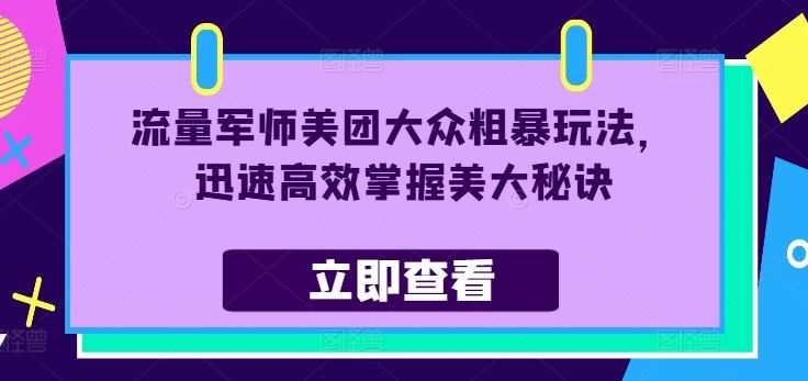 流量军师美团大众粗暴玩法，迅速高效掌握美大秘诀-占领资源网