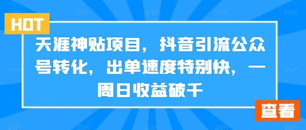 天涯神贴项目，抖音引流公众号转化，出单速度特别快，一周日收益破千-占领资源网