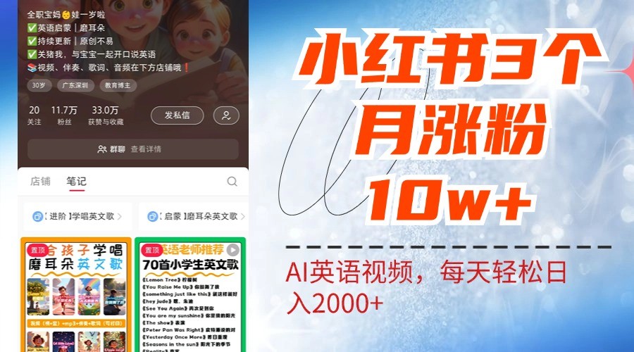 小红书三个月涨粉10W，AI英语视频0成本制作，每天轻松日入2000+-占领资源网