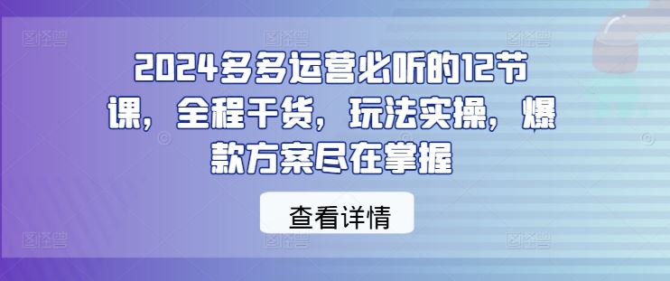 2024多多运营必听的12节课，全程干货，玩法实操，爆款方案尽在掌握-占领资源网