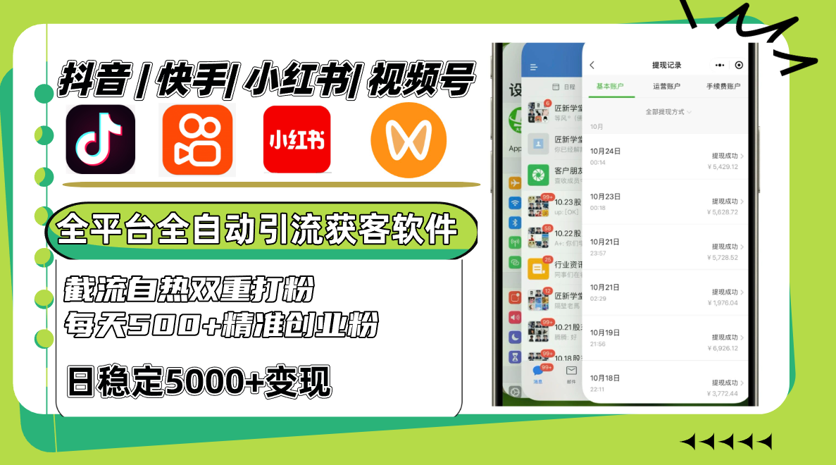 抖音快手小红书视频号全平台全自动引流获客系统，截流自热双重打粉，每天500+精准粉-占领资源网