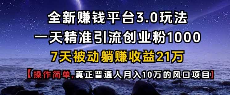 全新赚钱平台3.0玩法一天精准引流创业粉1000.7天被动躺Z收益21W【仅揭秘】-占领资源网