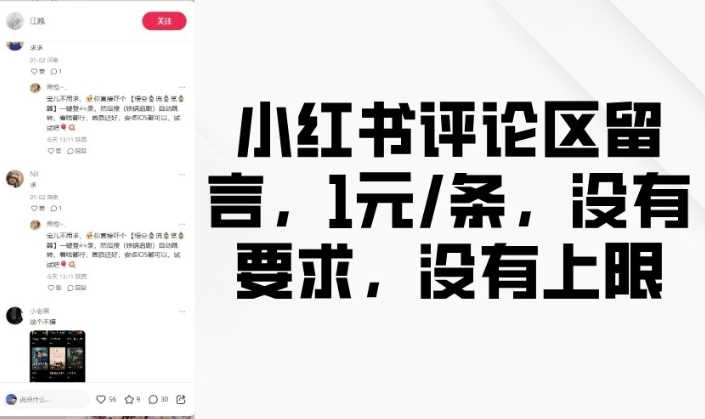小红书评论区留言，1元条，没有要求，没有上限-占领资源网