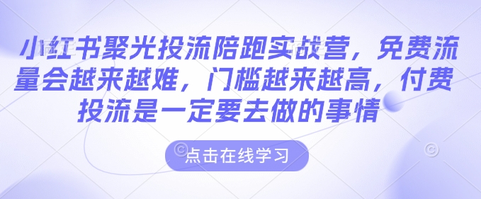 小红书聚光投流陪跑实战营，免费流量会越来越难，门槛越来越高，付费投流是一定要去做的事情-占领资源网