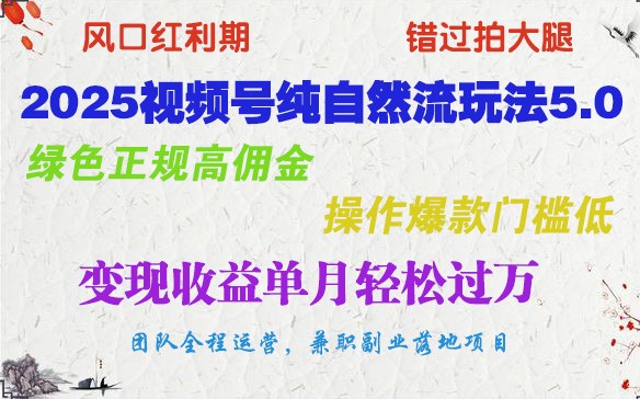 2025视频号纯自然流玩法5.0，绿色正规高佣金，操作爆款门槛低，变现收益单月轻松过万-占领资源网