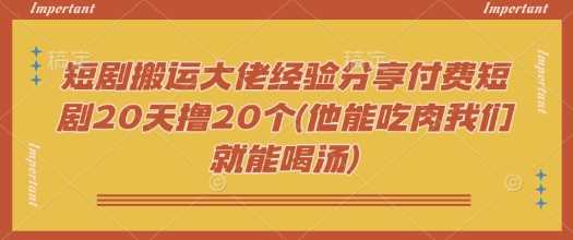 短剧搬运大佬经验分享付费短剧20天撸20个(他能吃肉我们就能喝汤)-占领资源网