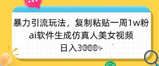 暴力引流玩法，复制粘贴一周1w粉，ai软件生成仿真人美女视频，日入多张-占领资源网