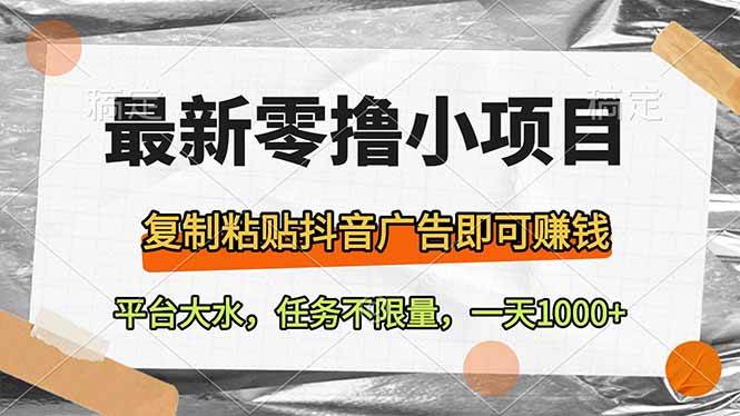 （14230期）最新零撸小项目，复制粘贴抖音广告即可赚钱，平台大水，任务不限量，一…-占领资源网