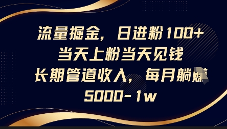流量掘金，日进粉100+，当天上粉当天见钱，长期管道收入，每月躺挣5k-占领资源网