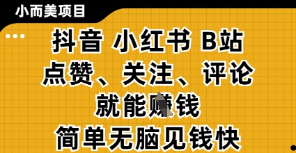 小而美的项目，抖音小红书B站视频点赞、关注、评论就能挣钱，简单无脑立见收益，妥妥的零撸项目【揭秘】-占领资源网