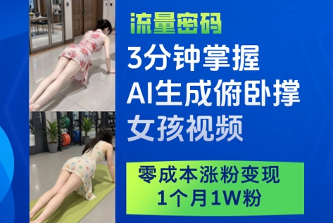 3分钟掌握AI生成俯卧撑女孩视频，零成本涨粉变现，1个月1W粉-占领资源网