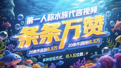 第一人称水族代言视频，条条万赞，20条作品涨粉7.8W，多种变现方式月入五位数-占领资源网