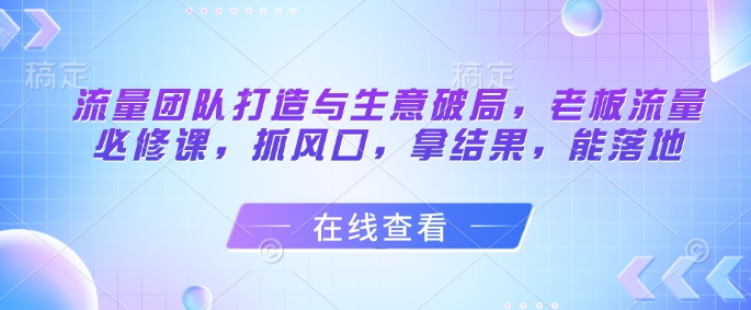 流量团队打造与生意破局，老板流量必修课，抓风口，拿结果，能落地-占领资源网