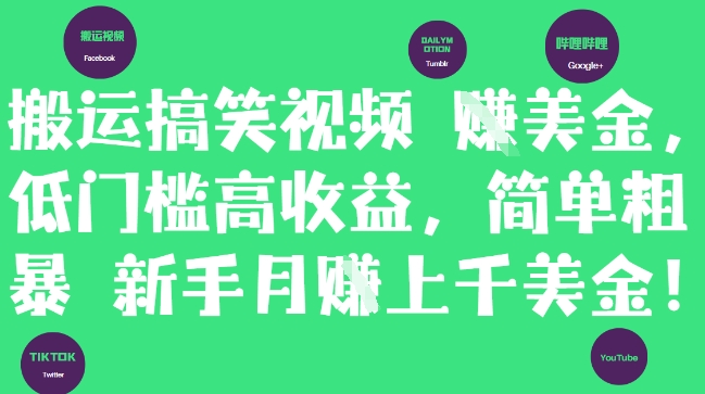 搬运搞笑视频挣美金，低门槛高收益，简单粗暴新手月入上千美刀-占领资源网