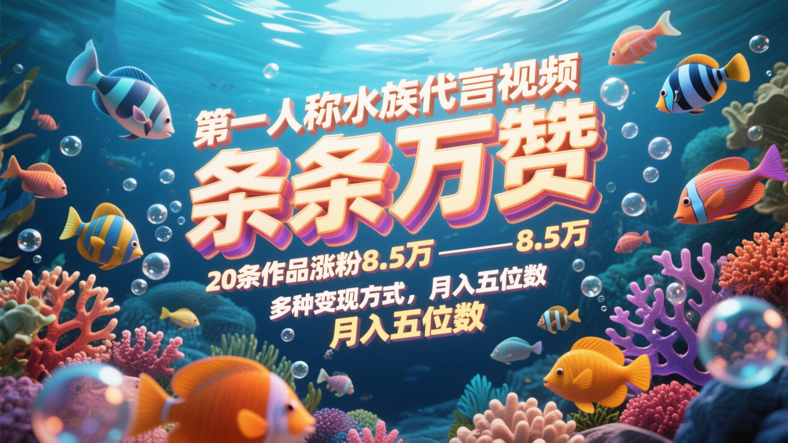 第一人称水族代言视频，条条万赞，20条作品涨粉8.5万，多种变现方式月，入五位数-占领资源网