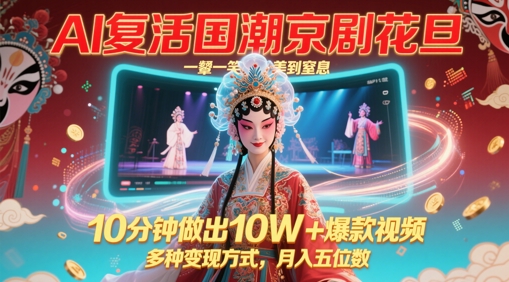 AI复活国潮京剧花旦，一颦一笑美到窒息，10分钟做出10W+爆款视频，多种变现方式，月入五位数-占领资源网
