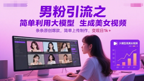 男粉引流之简单利用大模型生成美女视频，条条原创爆款，简单上传制作，变现日1k+-占领资源网