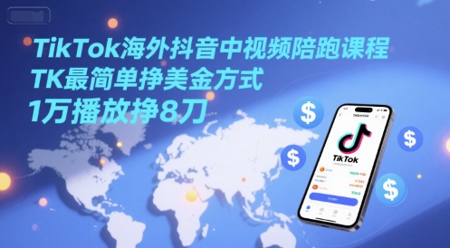 TikTok海外抖音中视频陪跑课程，TK最简单挣美金方式，1万播放挣8刀-占领资源网