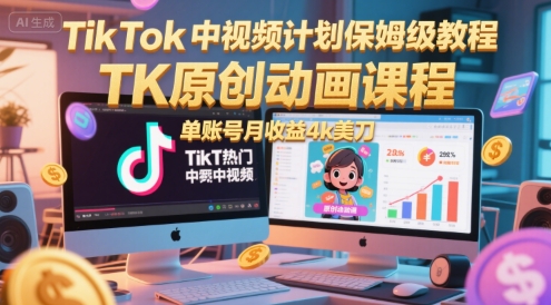 TikTok中视频计划保姆级教程，TK原创动画课程，单账号月收益4k美刀-占领资源网