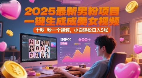 2025最新男粉项目，一键生成美女视频，日引600+色粉 十秒一个视频，小白轻松日入5张【揭秘】-占领资源网