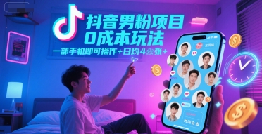 抖音男粉项目0成本玩法，一部手机即可操作，日均4张+，时间自由-占领资源网