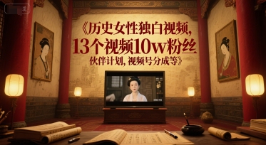 历史女性独白视频，13个视频10w粉丝，伙伴计划，视频号分成等-占领资源网