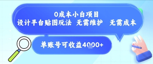 0成本小白项目，设计平台贴图玩法，无需维护，无需成本，单账号单月可产生收益4k+-占领资源网