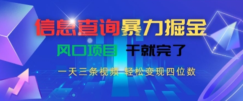信息查询暴力掘金，一天三条视频，轻松变现四位数，风口项目干就完了【揭秘】-占领资源网