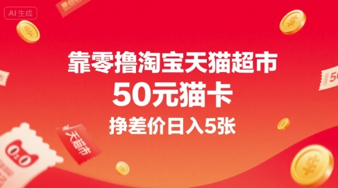靠零撸淘宝天猫超市50元猫卡，挣差价日入5张-占领资源网