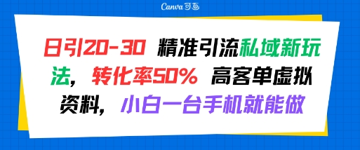 日引 20-30 精准引流私域新玩法，转化率50% 高客单虚拟资料，小白一台手机就能做-占领资源网