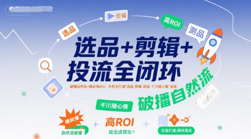 选品+剪辑+投流全闭环，破播自然流+撬动高ROI，手把手打通“选品-剪辑-测品-千川随心推”全链-占领资源网