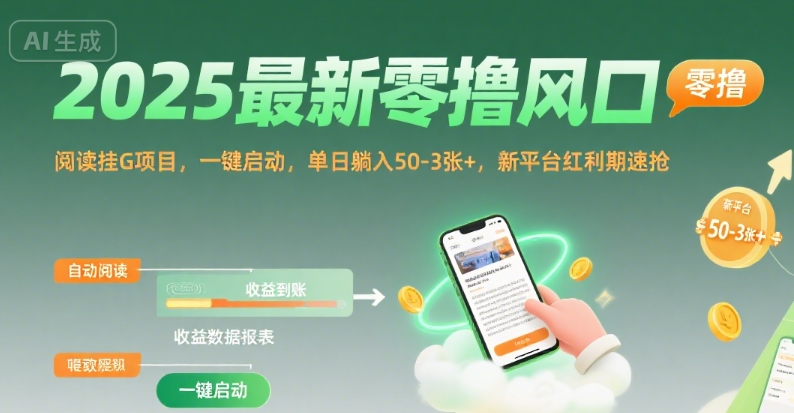 2025最新零撸风口，阅读挂G项目，一键启动，单日躺入 50-3张+，新平台红利期速抢【揭秘】-占领资源网