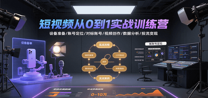 短视频从0到1实战训练营：设备准备/账号定位/对标账号/视频创作/数据分析/投流变现-占领资源网