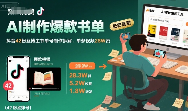 AI制作爆款书单，抖音42粉丝博主书单号制作拆解，单条视频28W赞-占领资源网