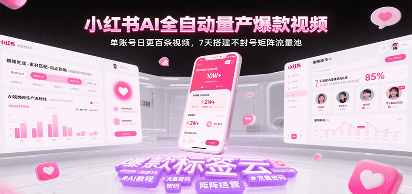 小红书AI全自动量产爆款视频，单账号日更百条视频，7天搭建不封号矩阵流量池-占领资源网