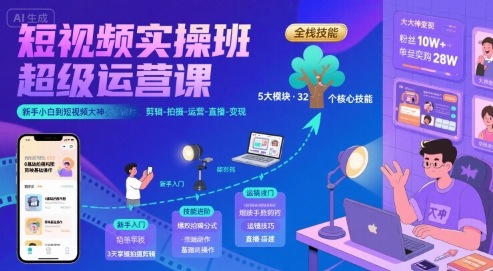 短视频实操班超级运营课，新手小白到短视频大神必修课程，剪辑-拍摄-运营-直播-变现-占领资源网