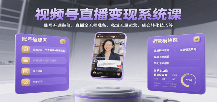 视频号直播变现系统课，账号开通装修、直播全流程准备、私域流量运营、成交转化技巧等-占领资源网