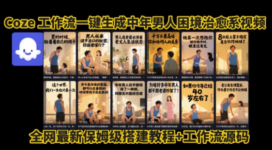 coze工作流一键生成”中年男人困境扎心高涨粉高播放量图文视频”保姆级拆解教程，无需剪辑，无需拍摄写文案-占领资源网