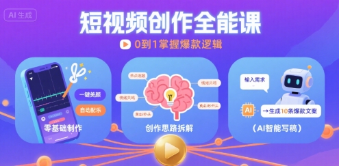 短视频创作课，短视频制作、创作思路、Ai写爆款文案-占领资源网